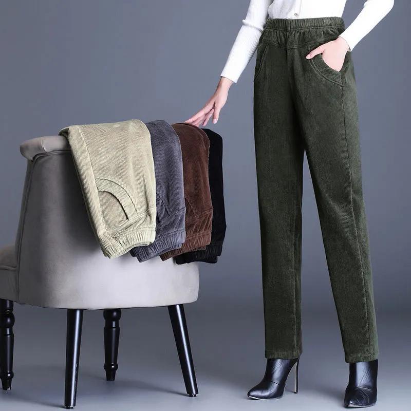 Women's Fall/Winter High-Waisted Corduroy Pants Relaxed Fit with Elastic Waistband Plus Size Thickened Fabric Casual Trousers for Mothers