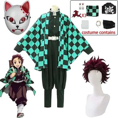Tanjirou Kamado Cosplay Anime Dämon Slayer Kimetsu Keine Yaiba Cosplay Kostüm Uniform Haori Kimono Perücke Anzug Halloween Erwachsene Kind