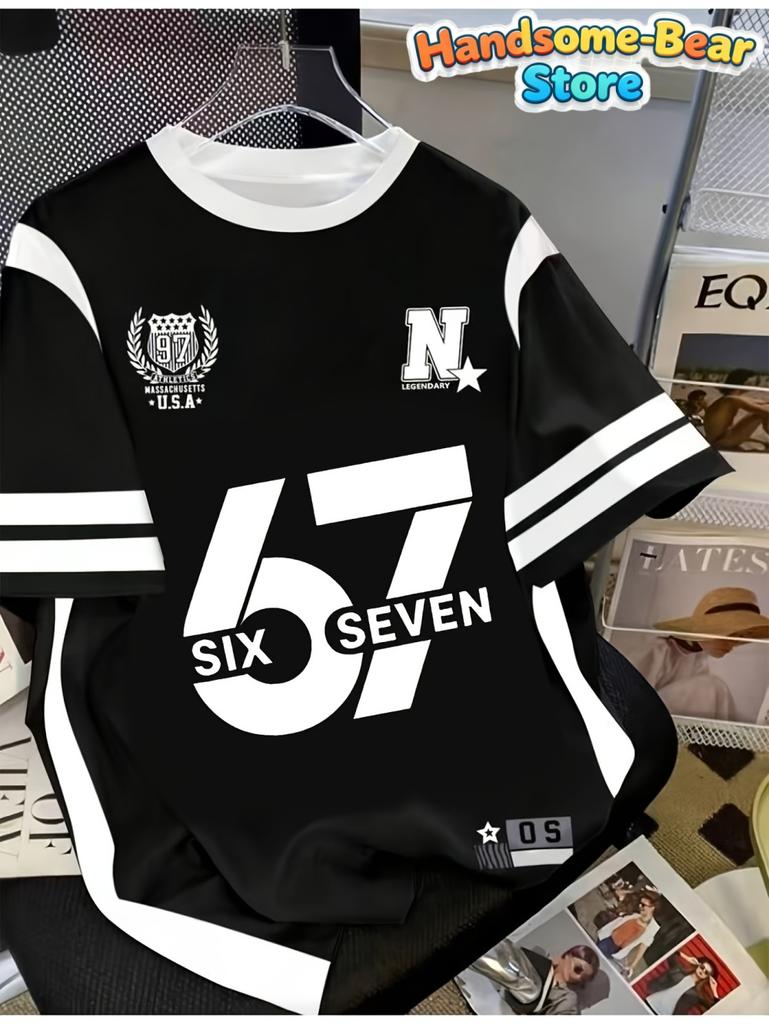 T-shirt Meme 67 pour Enfants Drôle Impression Numérique 3D Numéro 67 Maillot de Football T-shirt Style Maillot Lâche Mode Vêtements pour Enfants