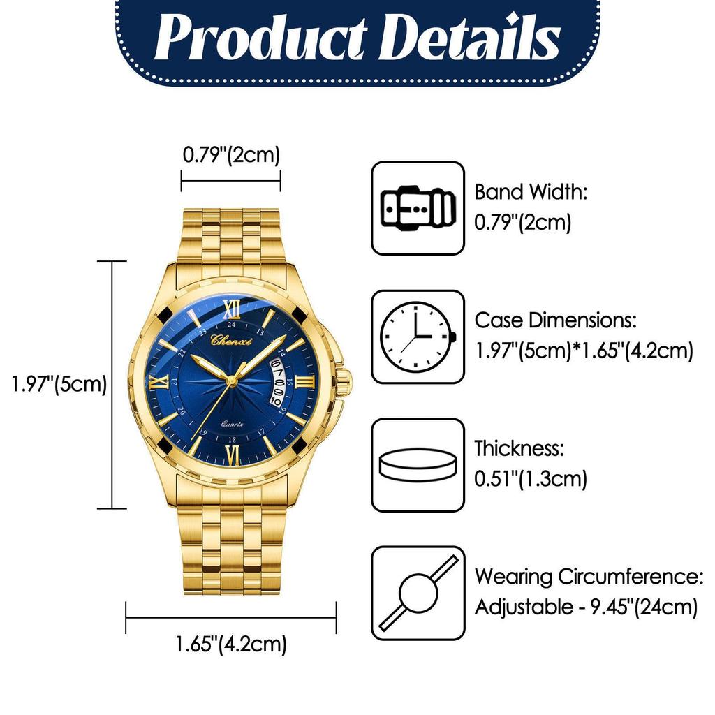 Watch Men Stainless Steel Calendar Gold 3ATM Water Resistant Luminous Analog Display Simple Fashion Quartz Watch Men Fashion Accessory - Birthday