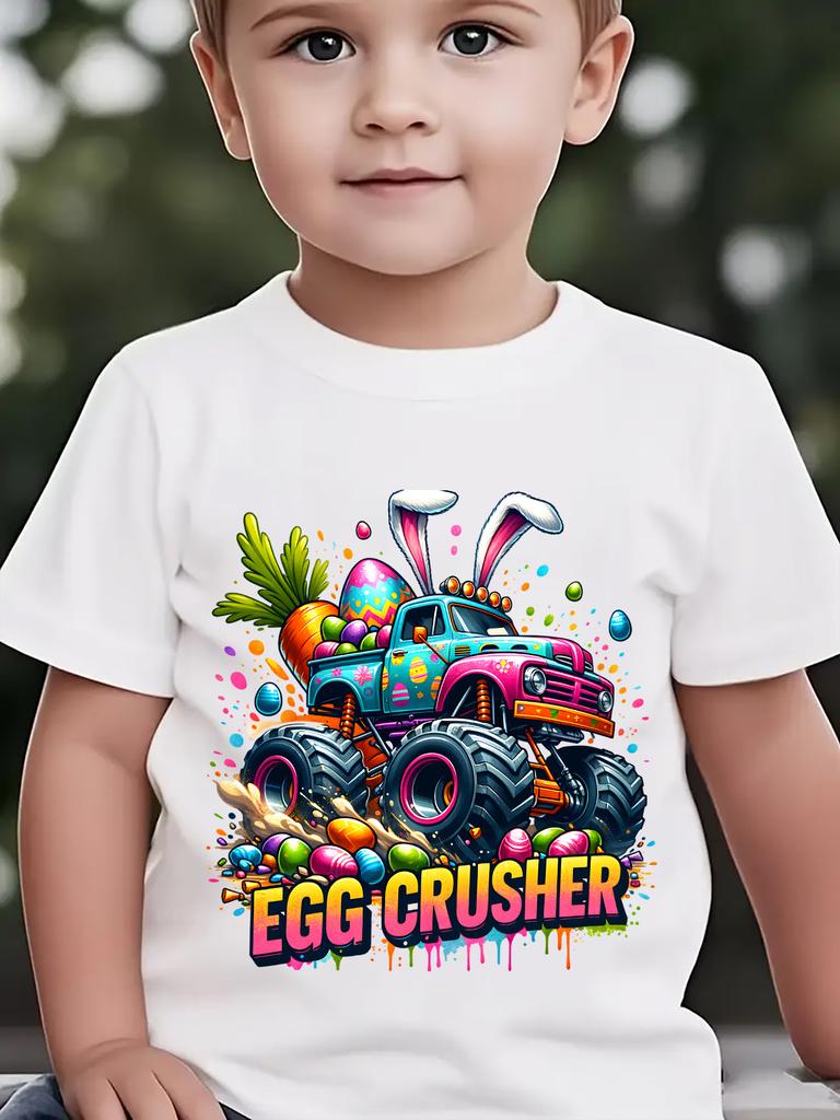 European sizes Easter Boys Fashion Short Sleeve T-Shirt with Rabbit Ears Print Casual Summer Top Crew Neck Slight Stretch Fabric Kids Clothing