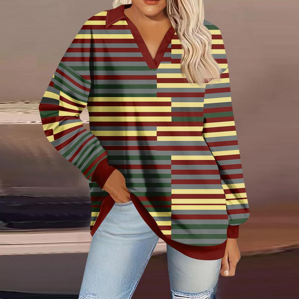Printed Stripe Fashion Womens V Neck Long Sleeve Loose Pullover Sweatshirt Top