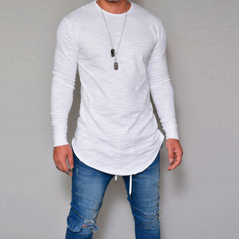

Men Longline Curved Hem Long Sleeve T Shirt Slim Fit Casual Crew Neck Tees S белый