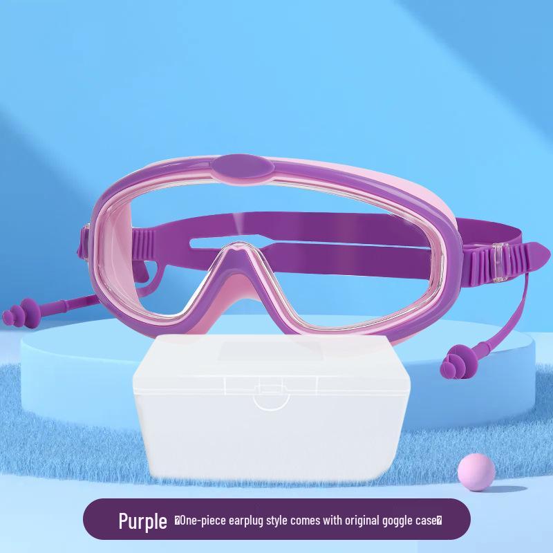 Children's Anti-Fog Waterproof Large Frame Swim Goggles with Silicone Earplugs
