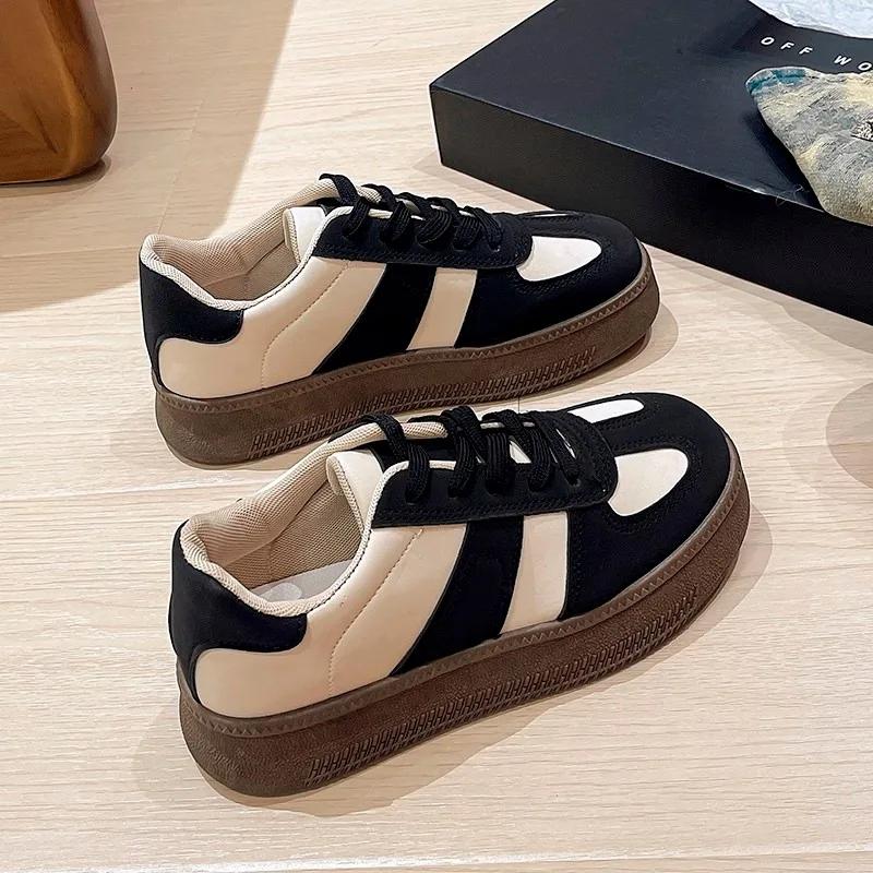 2024 Schuhe Damen PU Damen Vulkanisierte Schuhe Outdoor Damen Sneaker Gemischte Farbe Runde Zehenpartie Schnürung Niedriger Absatz Damen Freizeitschuhe