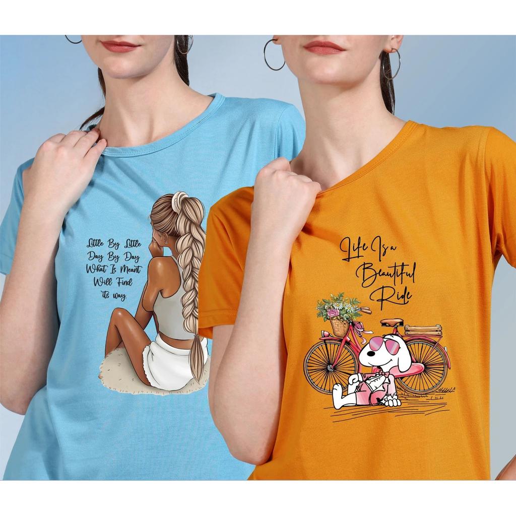 Beautiful Printed Women's Cotton Blend Round Neck T- Shirt Pack Of 2 Sets