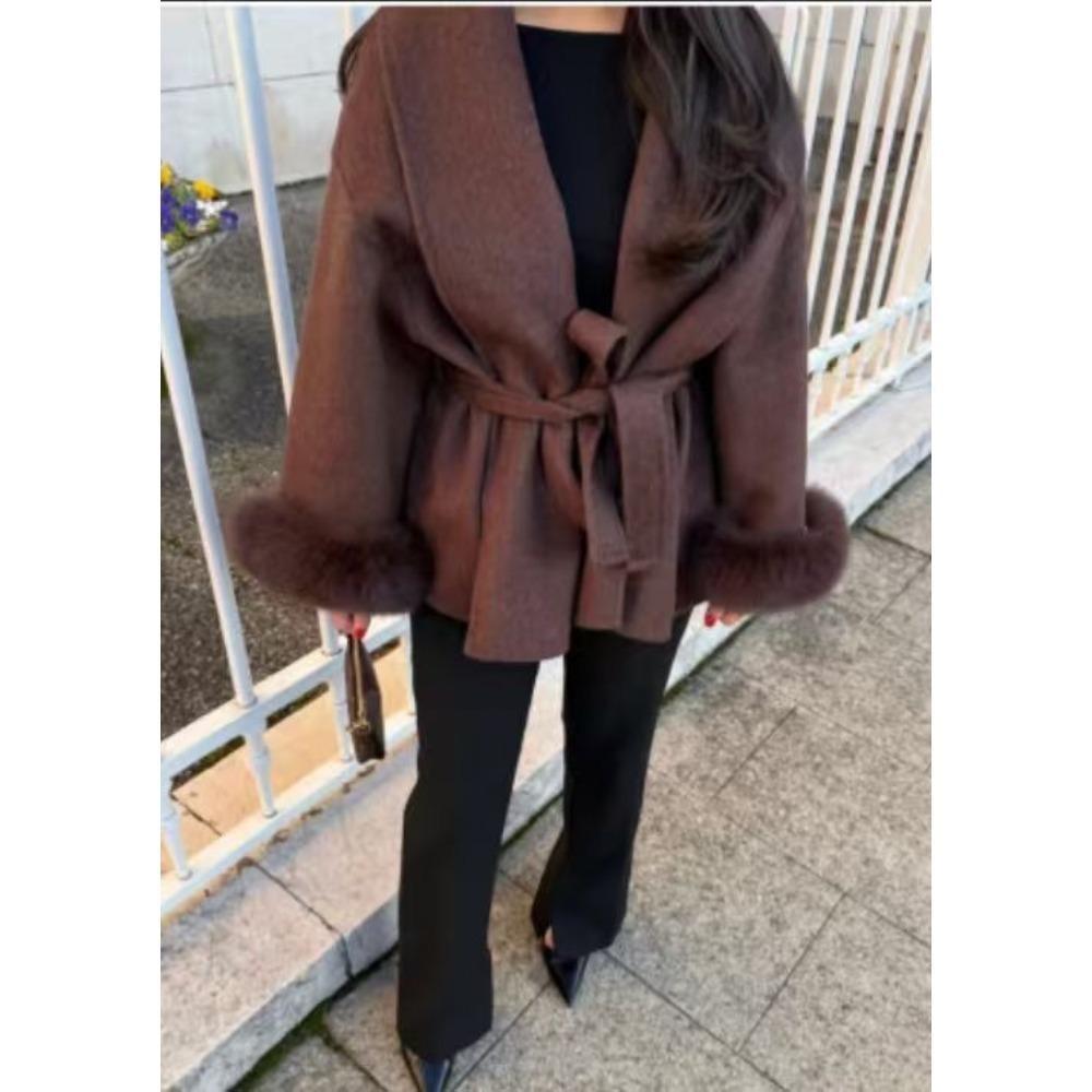 Fashion Lapel V-neck Woolen Coat Women Chic Lace Up Single Breasted Pocket Loose Jacket Lady Daily High Street Outwears