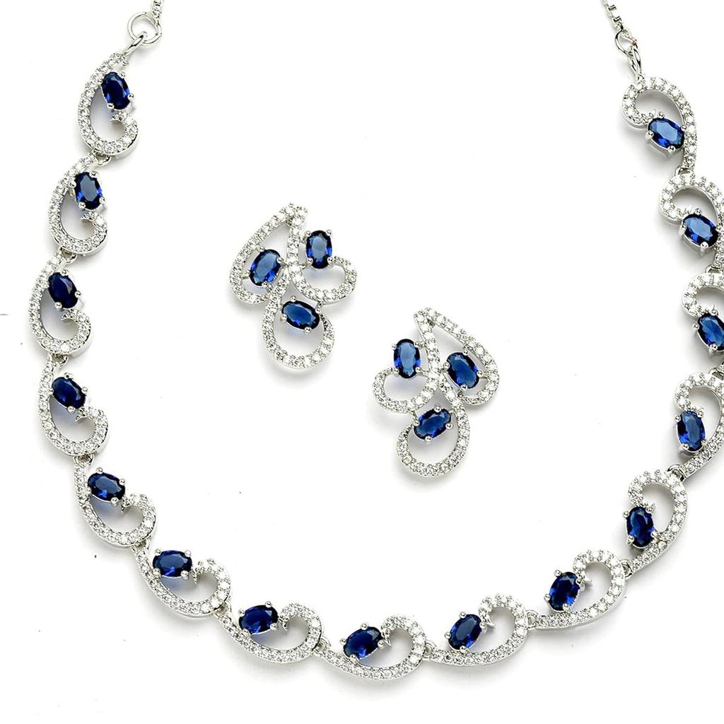 Rhodium-Plated with Silver-Toned White Cubic Zirconia & American Diamond Studded Necklace and Drop Earrings Jewellery Set for Women