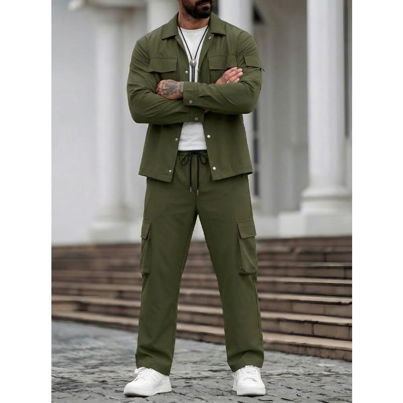 Men Casual Workwear Multi Pockets Long Sleeve Jacket And Long Pants Set