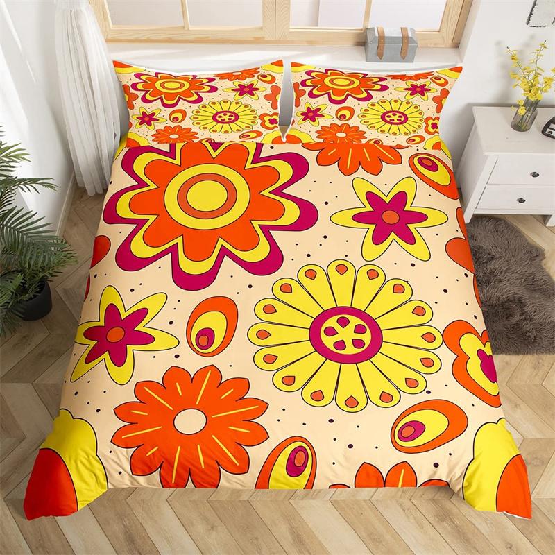 Retro Hippie Flower Duvet Cover Rainbow Floral Bedding Set Polyester Cartoon Ghost Comforter Cover Set 60S 70S Groovy Bedclothes