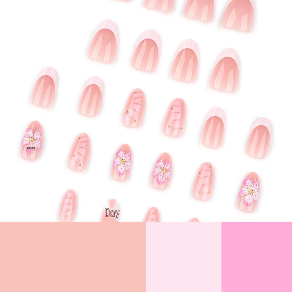 3D Stereo Floral French Pink False Nails - Trendy Wearable Nail Art Tips