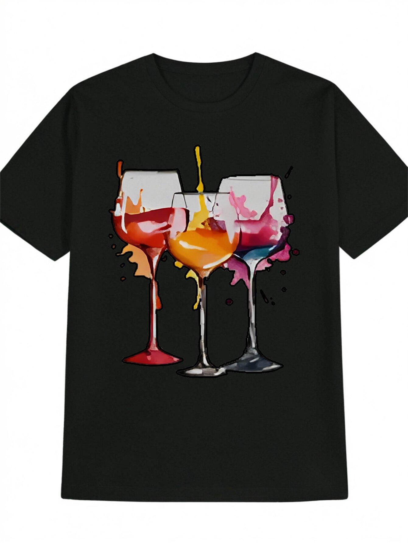 Casual Crew Neck T-shirt with Vibrant Wine Glass Print - Soft Polyester M