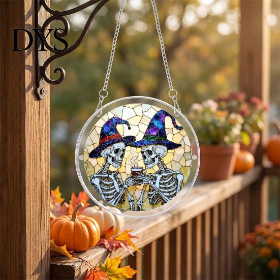 Halloween Party Hanging Props Acrylic Puzzle Window Suncatcher, Stained Glass Style Ornament Vintage Illustration with Metal Chain, Decorative
