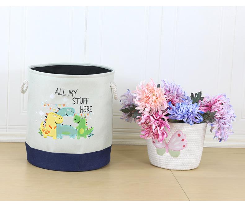 Children's Cartoon Embroidery Storage Bucket - Fabric Cotton Linen Organizer for Toys, Laundry, and Sundries.