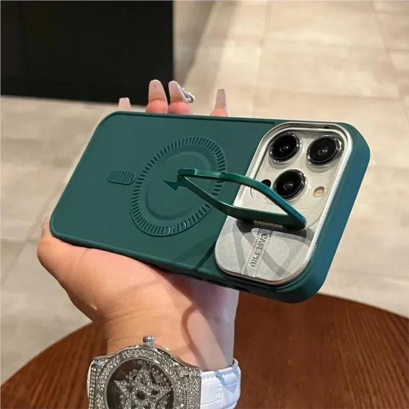 Stand Case for iPhone 16 15 14 Plus 13 12 11 Pro Max Cover Magnetic for Magsafe Wireless Charge Camera Lens Holder Soft Matte