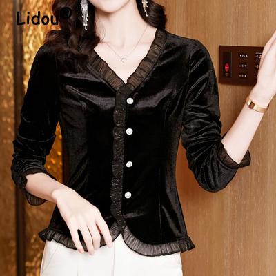 Blusa feminina de veludo dourado de alta qualidade, manga longa, temperamento, decote em V, coreana, cores escuras, renda, miçangas, peito único, slim