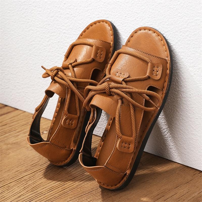 Men Handmade Simple Flats Brown Sandals Summer Roman Sandals Black white Leather Beach Shoes Plus Size