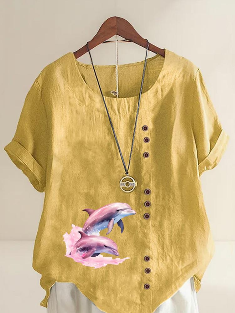 Women's Fashion Couple Dolphin Print Round Neck Short Sleeve T-shirt Summer Casual Cotton Linen Graphic Shirt Leisure Loose Blouse Tops