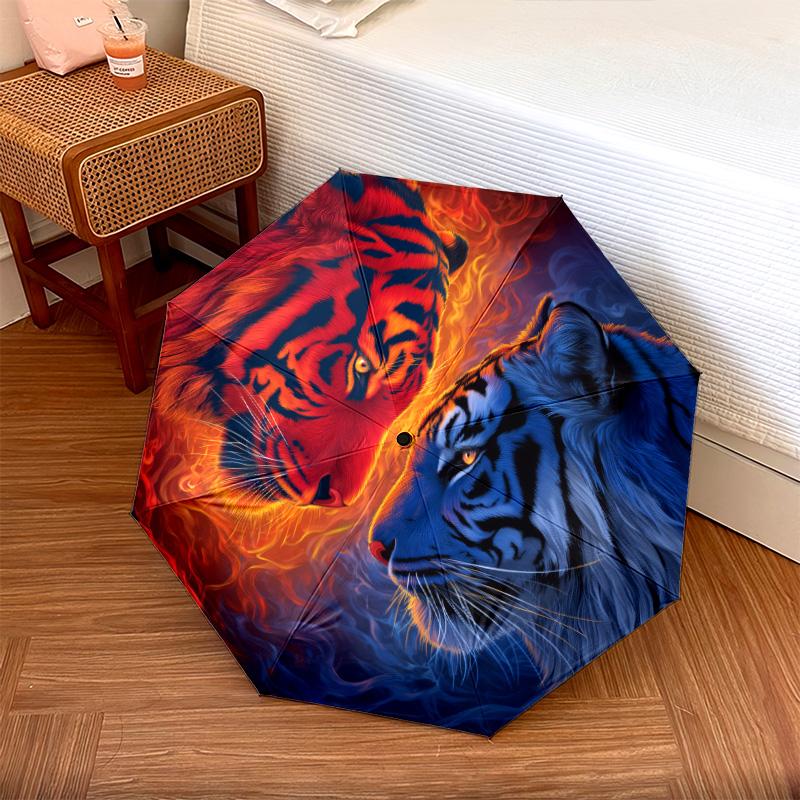 Tiger and Rooster  pattern, automatic folding umbrella, portable and foldable design, 8 ribs, a Christmas or birthday gift.
