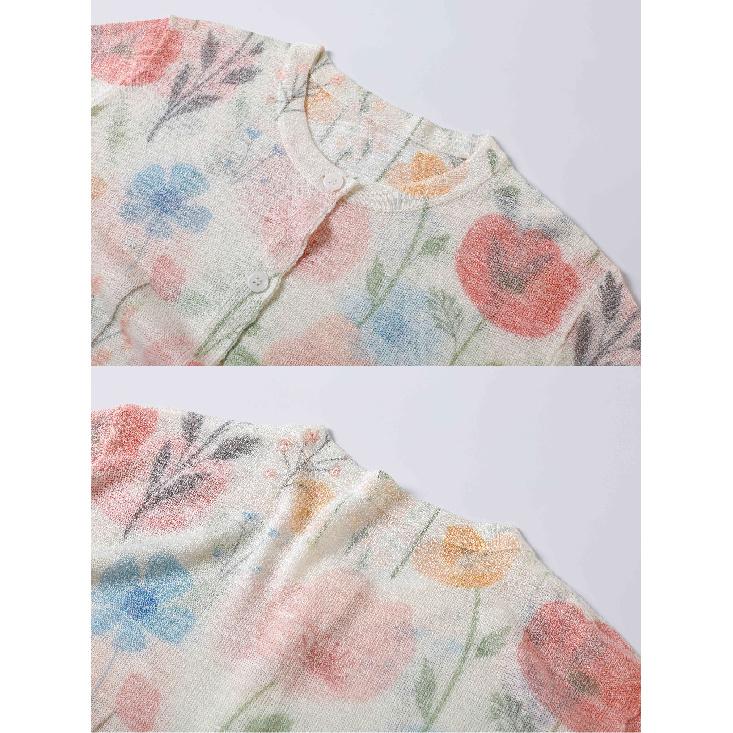 Summer Women's Floral Print Long Sleeve Knit O-Neck Cardigan Lightweight Casual Sweater Jacket Anti-Darkness Design