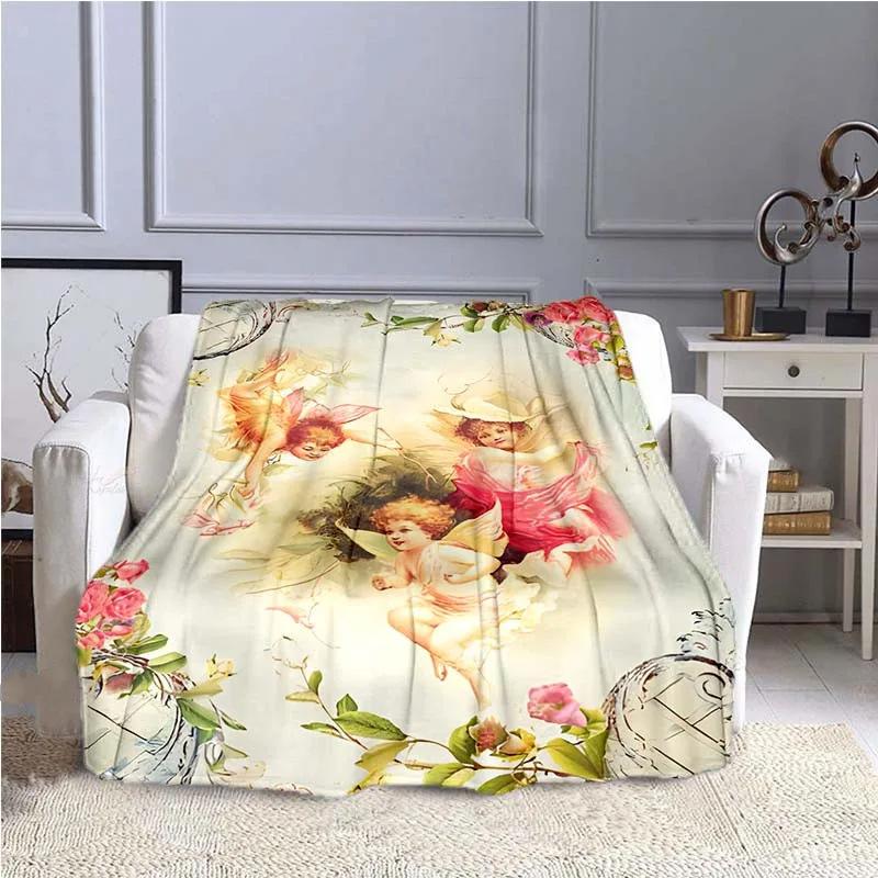 Cartoon Little Angel Pattern Printed Blanket for Travel Camping Living Room Office Conditioning Blanket for All Seasons Gifts
