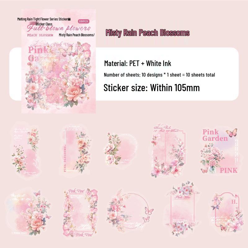 PET Collage Stickers: Misty Rain  Flowers Series - 10 Sheets, 6 Styles for Journals