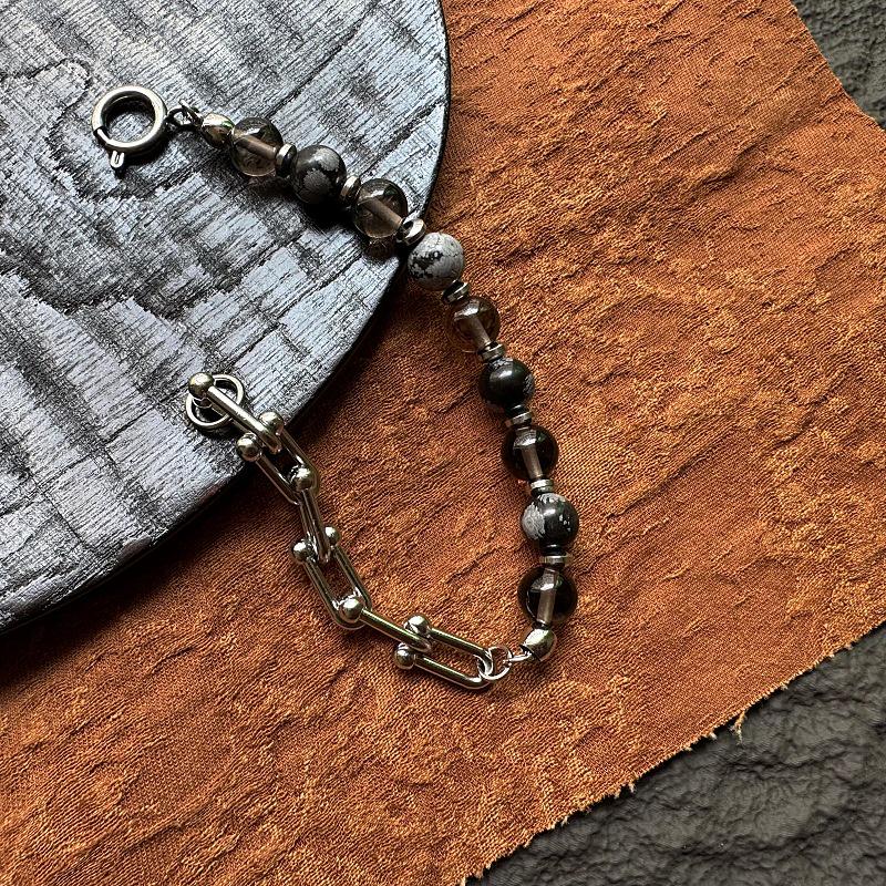Unisex Gaga Snowflake Obsidian & Stainless Steel Handmade Bracelet