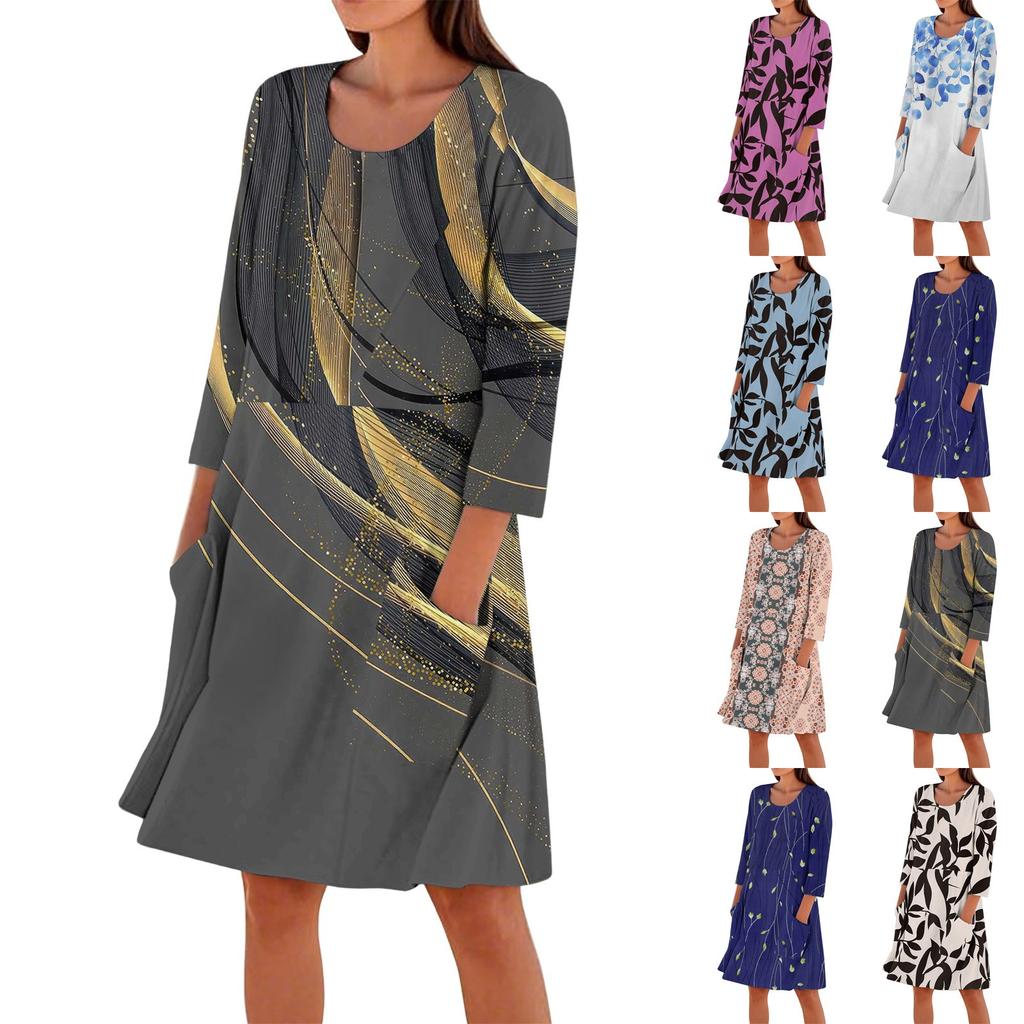 Women's 3/4 Sleeved Printed Fashion Loose Casual Dress
