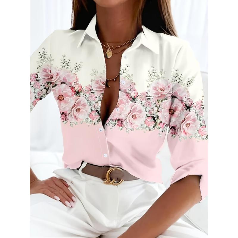 Fashion Women's Chain Flower Printed Shirt Women's Long Sleeve Tops Cotton Office Spring and Autumn Casual Loose Tops