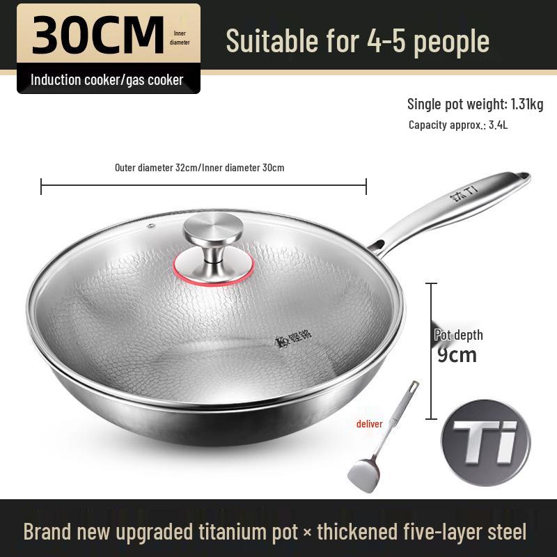 German Fish Scale Hammered Pure Titanium Wok - Uncoated Non-Stick Stir-Fry Pan for Induction Cookers.