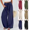 Womens High-Waisted Wide-Leg Casual Pants With Adjustable Drawstring Pockets Lightweight Loose Fit