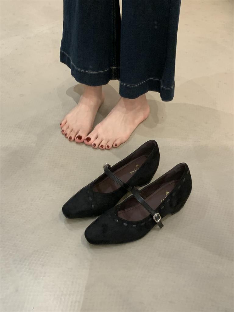 Inner heightening suede black single shoes women's shoes 2025 new spring and autumn square head with skirt Mary Jane evening shoes
