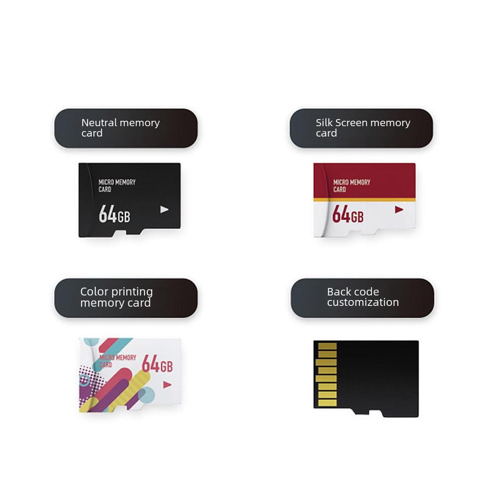 Sbírka paměťových karet: TransFlash karta (32 GB), SD karta (8 GB, 16 GB, 64 GB), Monitorovací autokamera (128 GB)