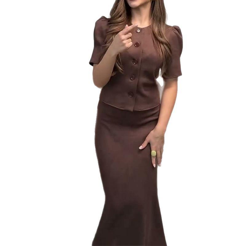 2025 Sommer Grenzüberschreitendes Knopfleisten-Rundhals-Oberteil & Rock-Set - Damen Freizeit Elegante Kleidung