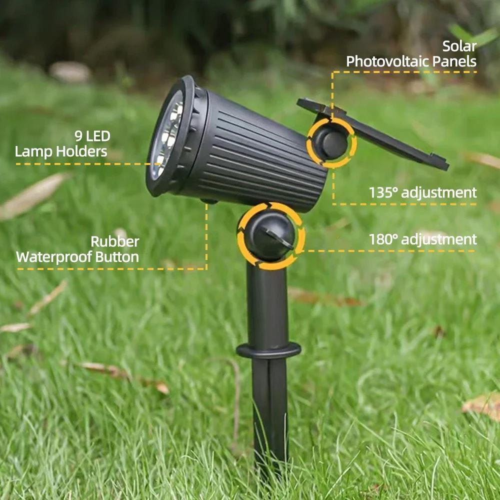9 LEDs Solar Spotlights, Outdoor IP65 Waterproof, Spot Lights, Brightness Adjustable for Garden Backyard Driveway Patio Decor