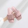 Sheepskin version of marshmallow square head leather woven slippers for women wearing new flat bottom one word lazy cool slippers for summer women