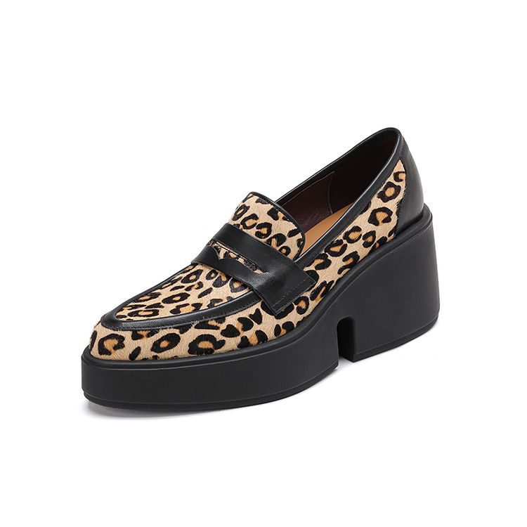 

Леопардовые кожаные лоферы на толстой подошве и высоком каблуке для женщин, новинка 2025 года, клиновидный каблук, однопедальные, с острым носком, с глубоким вырезом, водонепроницаемые туфли на платформе 39 цветной печати леопарда