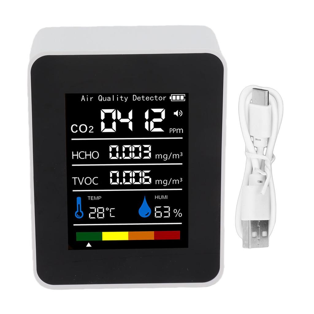 5 in 1 Air Quality Tester CO2 TVOC HCHO Temperature Humidity Test Digital Display Air Detector White