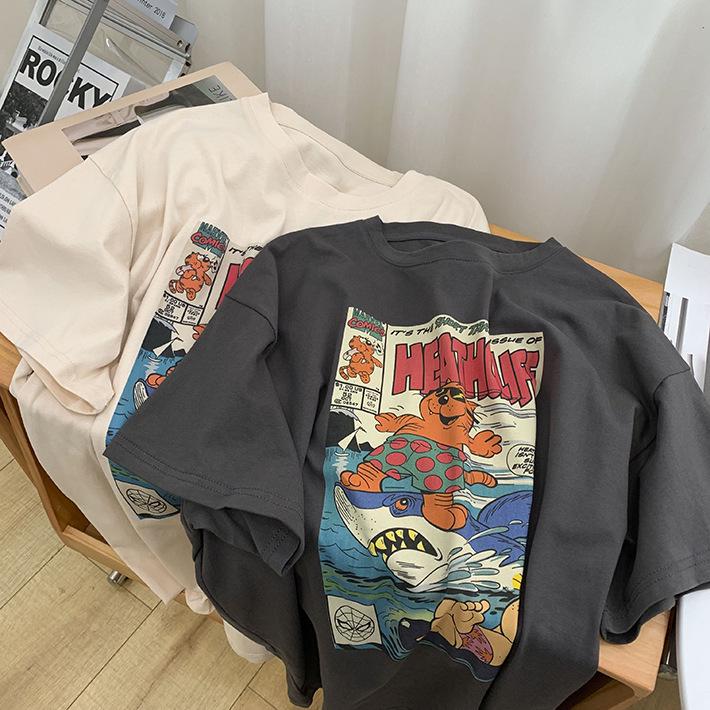 Women's Oversized Cartoon Print Morandi Color T-Shirt