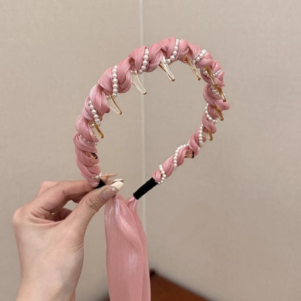 U Shape Satin Fabric Hair Bands Adjustable High Top Headpiece Non Slip Pearl Hair Band Tooth Comb Fabric Ribbon Hair Hoop