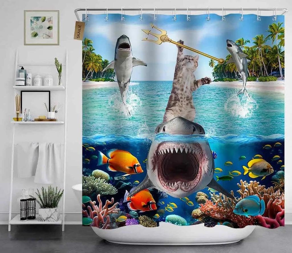 Funny Cat Shower Curtain, Colourful Galaxy Funny Riding Shark In Ocean, Beach Cartoon Turtle Coral Laser Bathroom Decoration