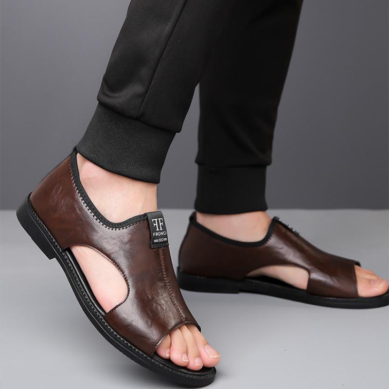 Luxury Men's Leather Sandals Black Flat Open Toe Sandals Outdoor Walk Beach Leisure Sandal Shoes for Men Sandalias De Hombre New