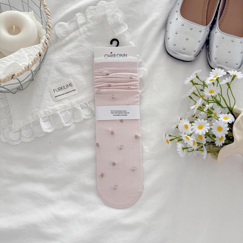 Women's Spring & Summer Korean-Style Floral Lace Trim Slouch Socks - Mid-Calf, Seamless, Thin