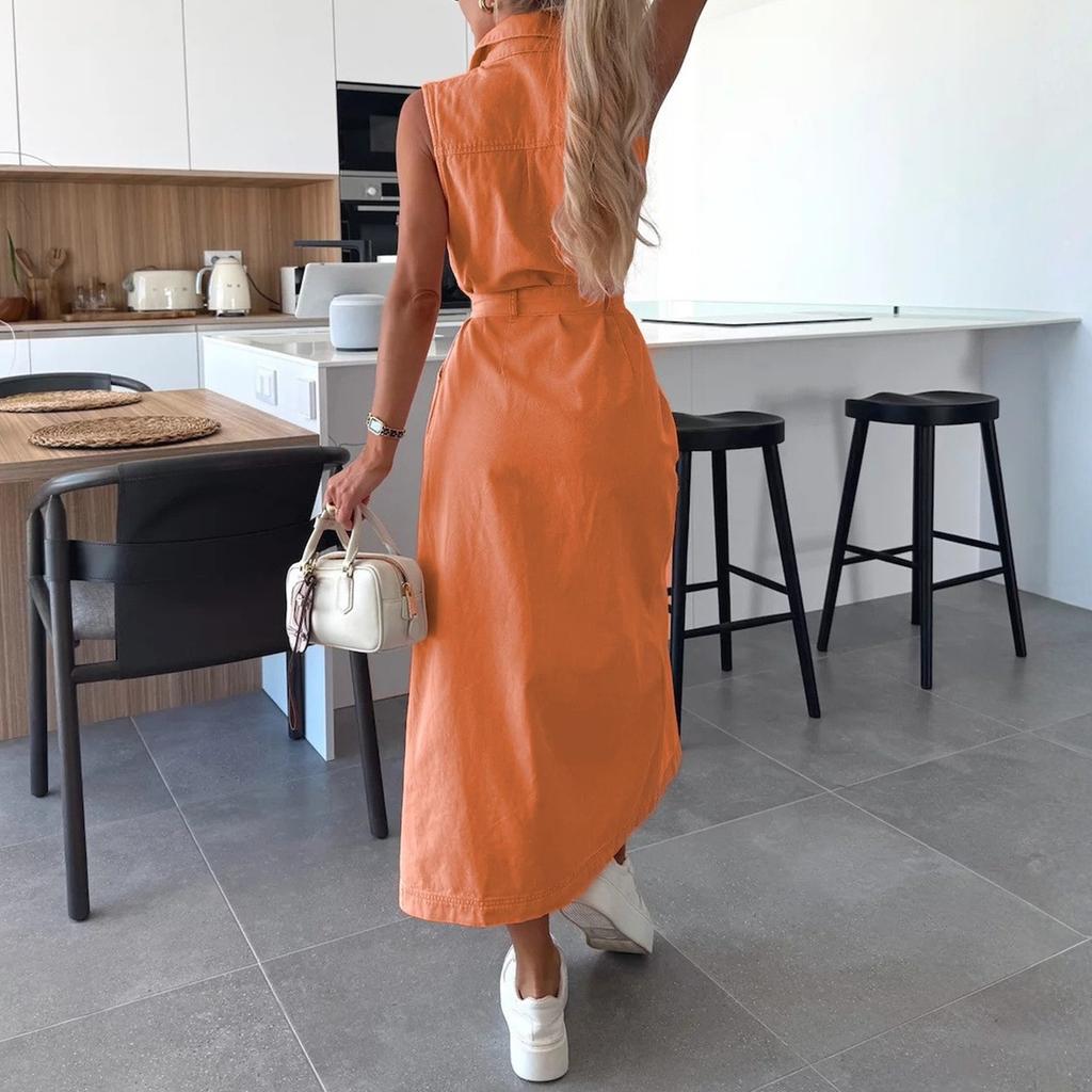 Ladies' Casual And Fashionable Sleeveless Waist Cinched Single Breasted Denim Dress