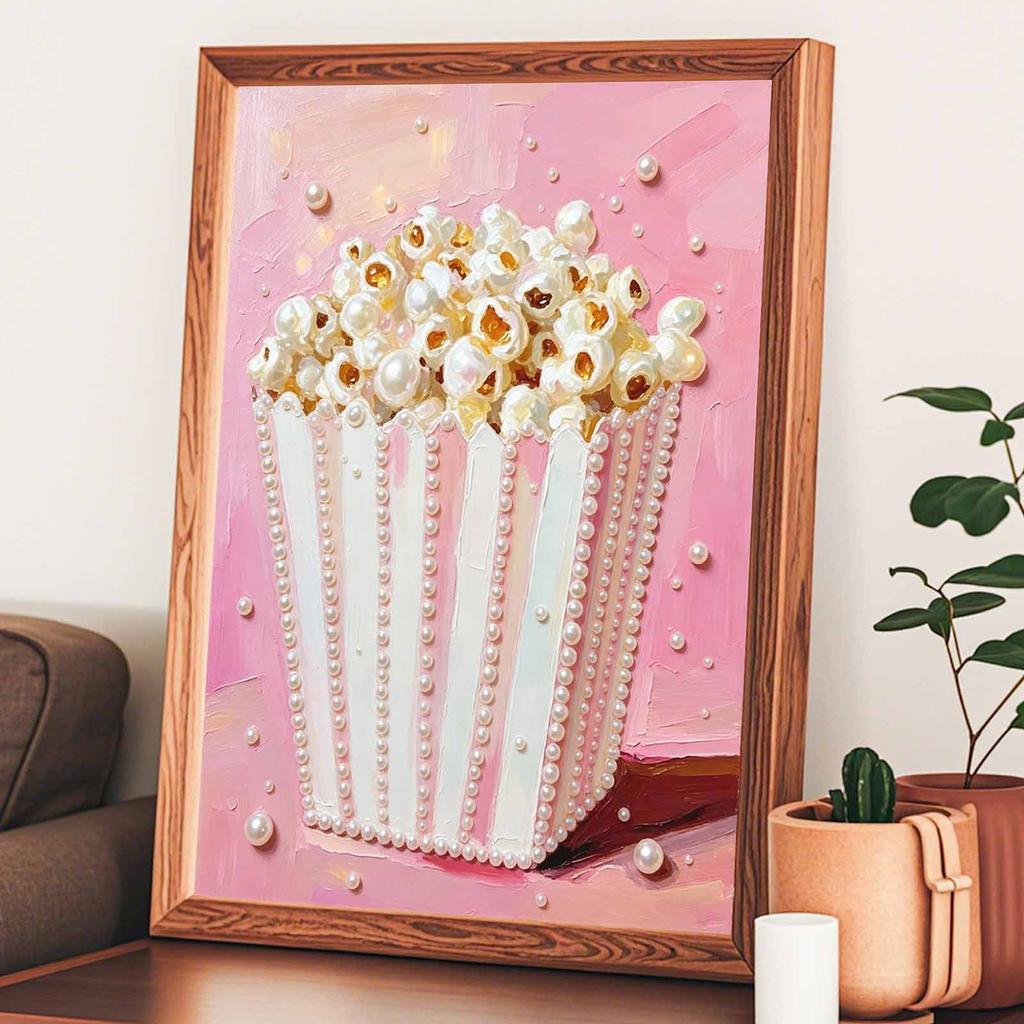 Pink Popcorn Bucket Pearl Art Painting with Frame Shiny Bead Canvas Creative Leisure Craft for Modern Wall Decor Gift Home Decoration