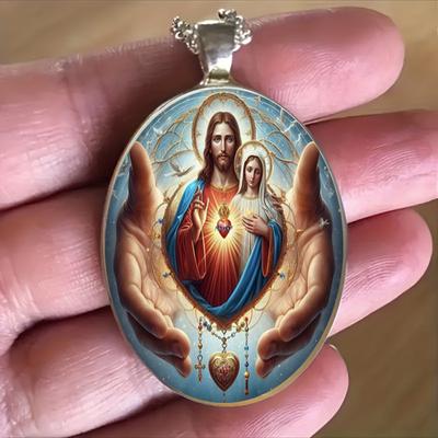 Jesus And Virgin Mary Christian Faith Peace Pendant Necklace, Featuring A Time Gem Glass Pendant, Suitable For Both Men And Women.