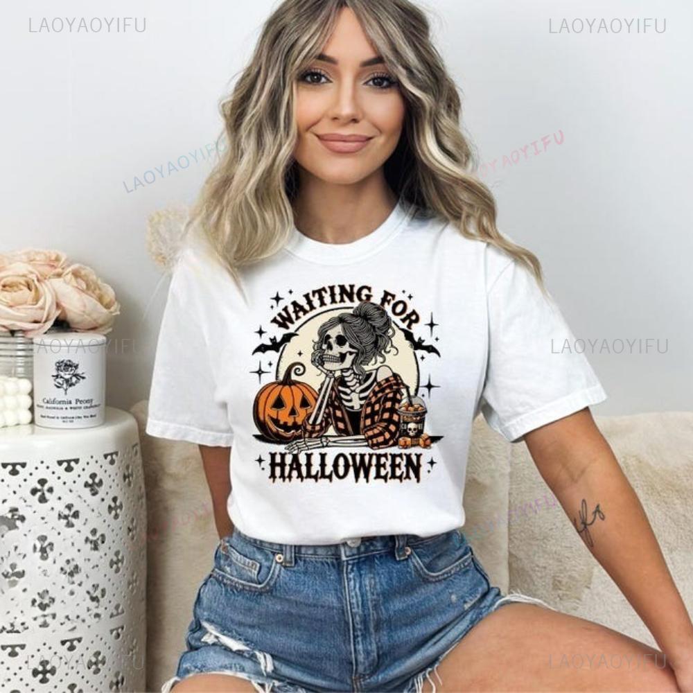 Skeleton Girl Tshirt Just Waiting for Halloween TShirt Funny Spooky Pumpkin Art Tee Halloween Coffee Cup Shirt Women Casual Top S