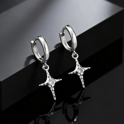 High Quality Zircon Cross Four-pointed Stars Dangle Earrings for Men, Hip Hop Rock Star Pendant Earrings, Stylish Punk Jewelry