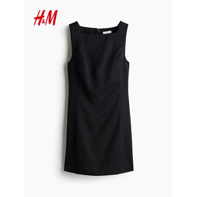 HM Women clothes Gold Style Dress 2025 Summer New Commuter Fashion Twill Square Collar Dress 1289960