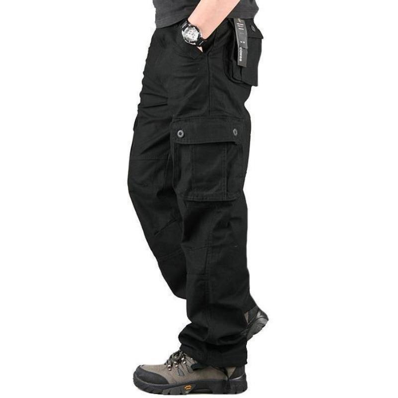 Men s Dark Grey Multi-Pocket Cargo Pants Loose Straight Leg Outdoor Work Trousers M чёрный